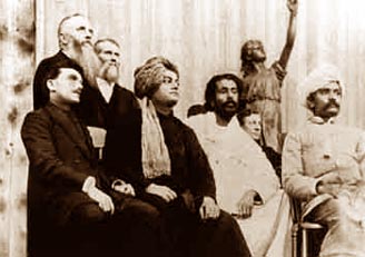 Anagarika Dharmapala (3rd from right) at the Parliament of World Religions